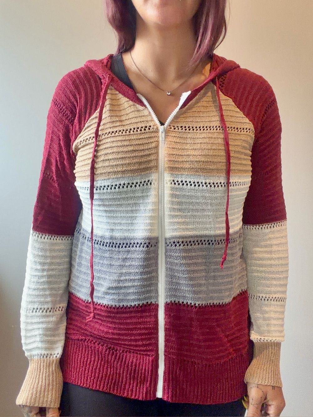 NWOT UNISEX Maroon‎ Hooded Sweater Full Zip Up Maroon Tan White Gray Jacket